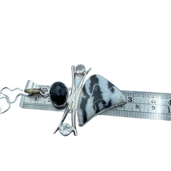 Sterling Silver 925 Zebra Jasper Quartz Pendant Necklace Signed SJ Modernist - Picture 9 of 11